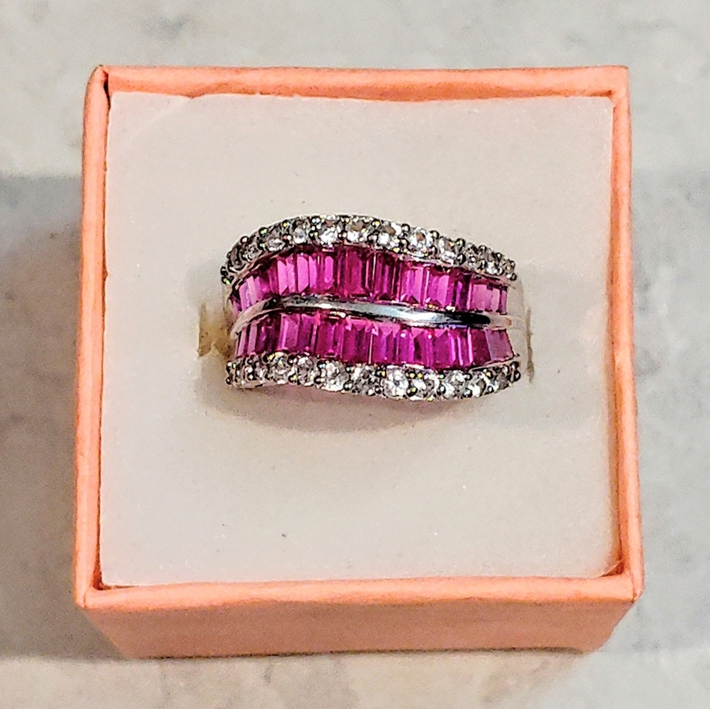 VINTAGE 4 ROW ETERNITY BAND BAGUETTE CUT RUBIES & ROUND DIAMONDS SILVER RING - Picture 2 of 12